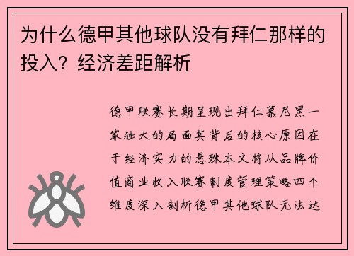 为什么德甲其他球队没有拜仁那样的投入？经济差距解析